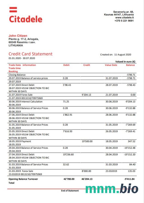 Szablon wyciągu bankowego Liechtenstein Valartis w programie Word i PDF